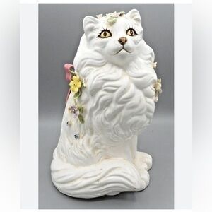 Vintage Artistic Gifts White Ceramic Persian Cat Figure with Pink Bow Flowers